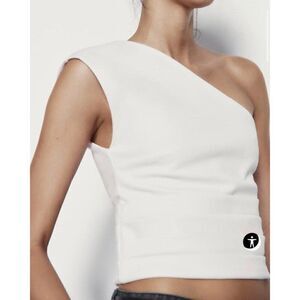Zara Womens Crop Top Shirt S White One Shoulder Sleeveless Pleated 4424/803 NWT
